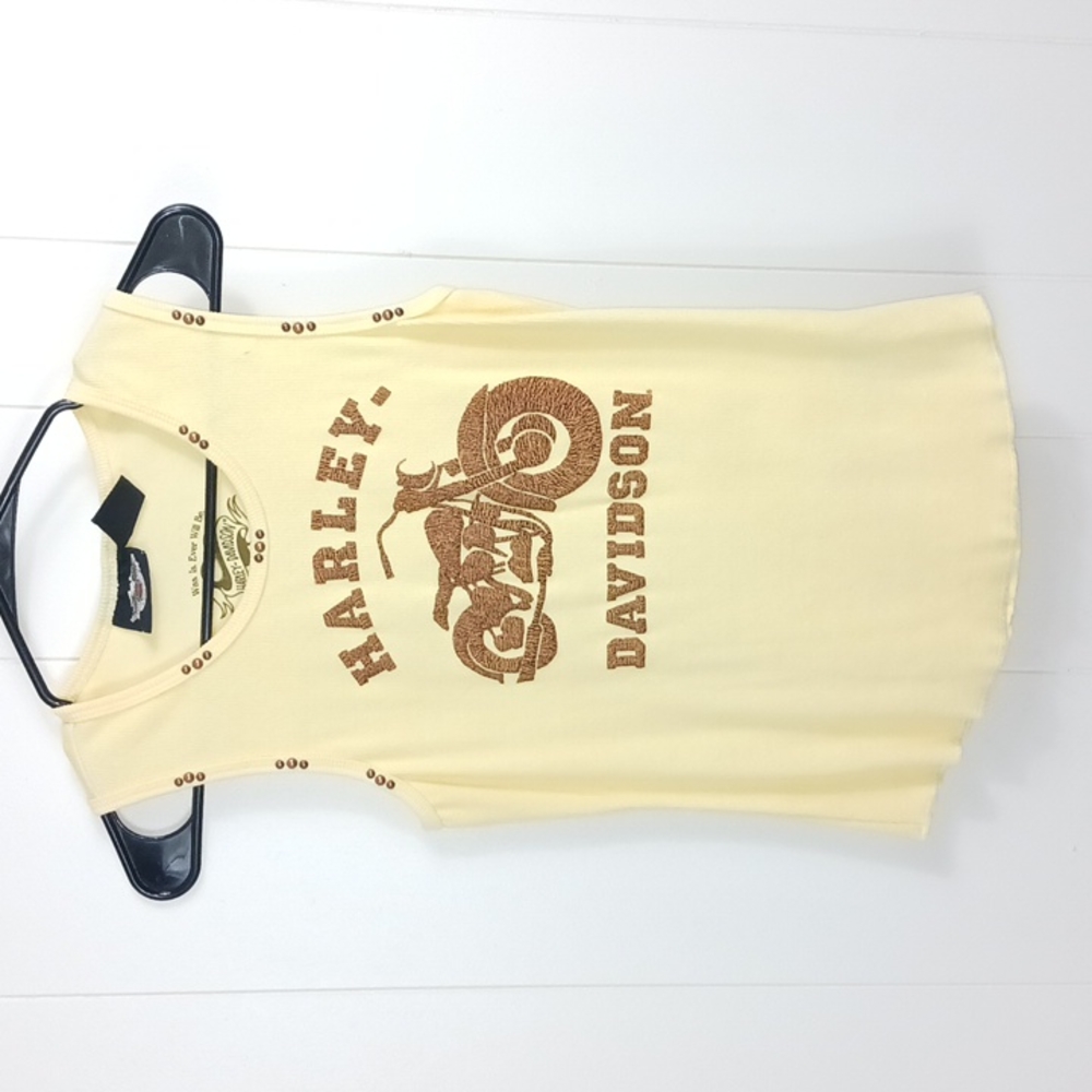 🇺🇸Tiny Flaw Harley Davidson Tank Top Studded Straps Embroidery Med Yellow C21